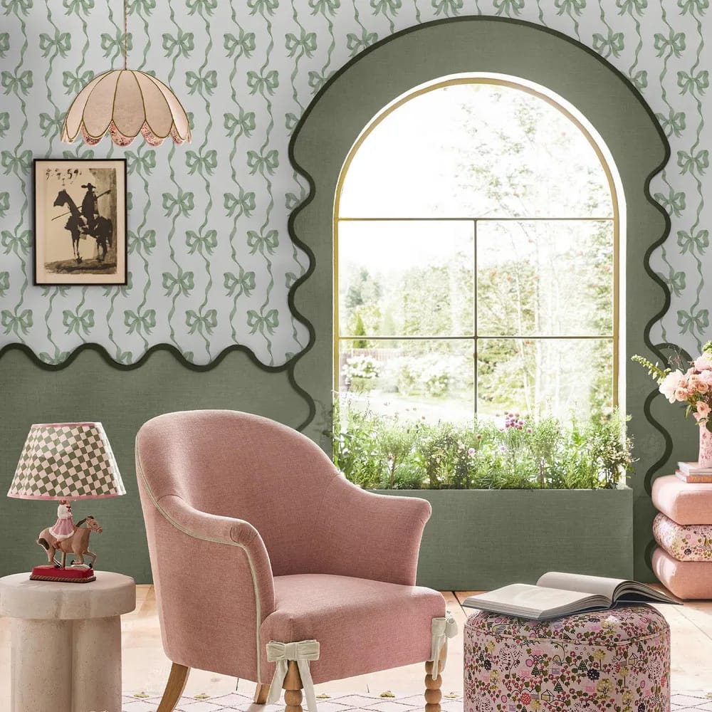 Ribbon Bow Sage Wallpaper roomset