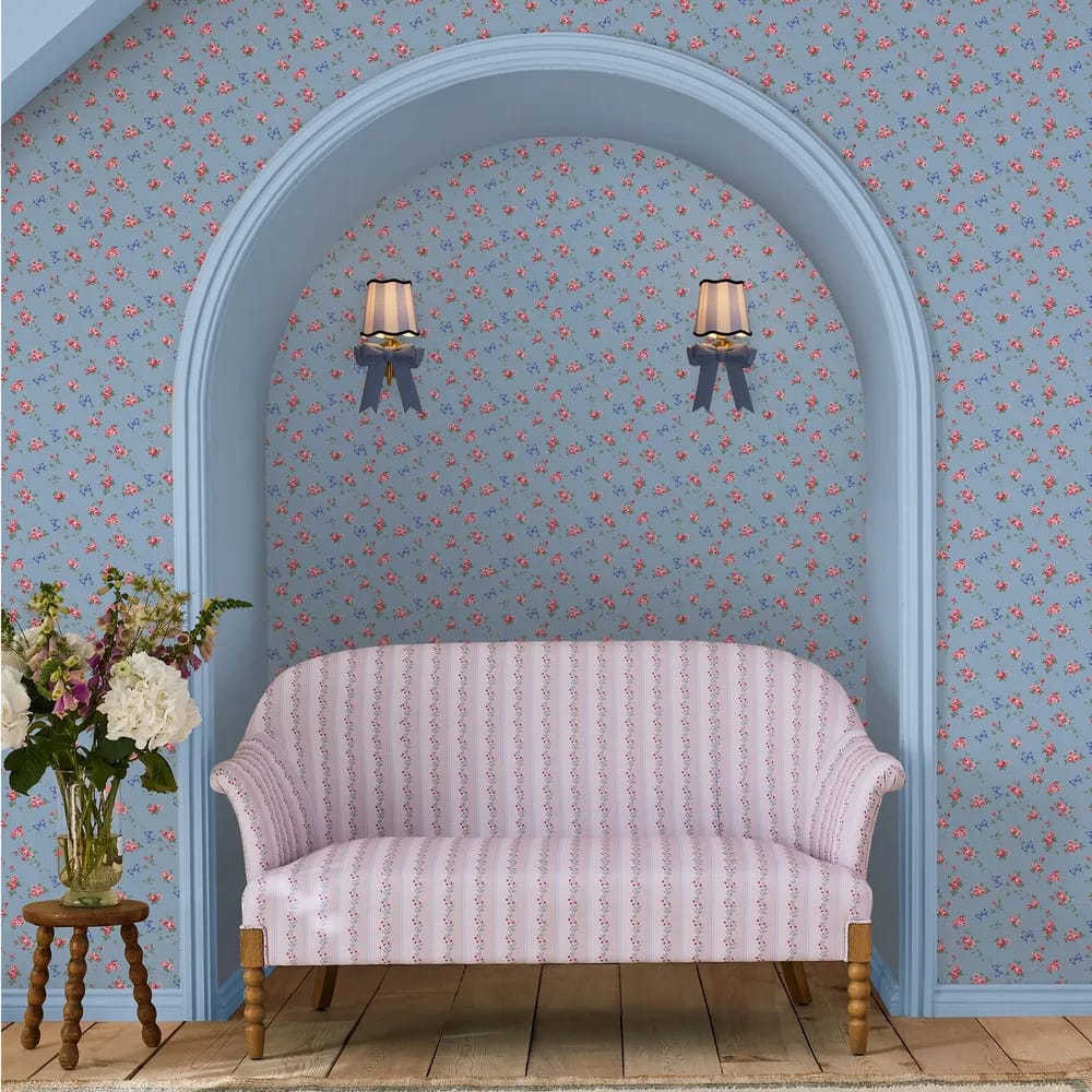Rose & Bows Blue Wallpaper roomset
