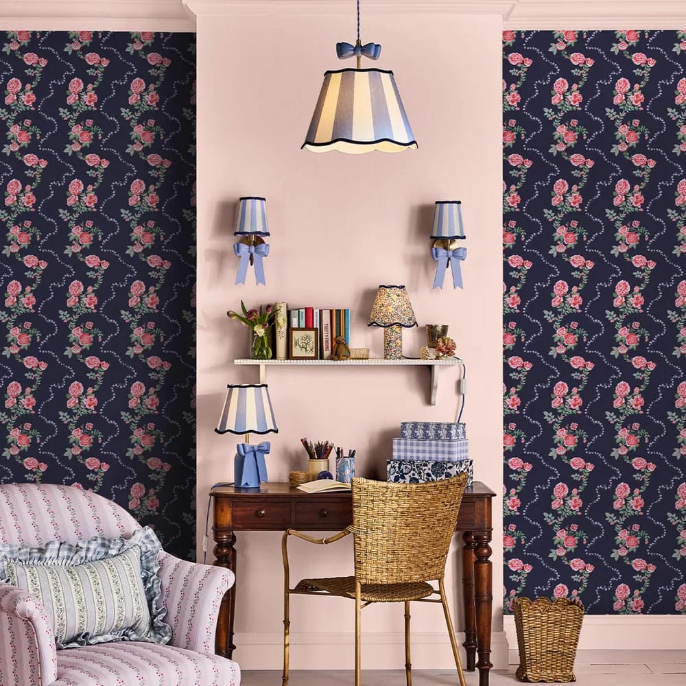 Rose Flutter Navy Wallpaper roomset