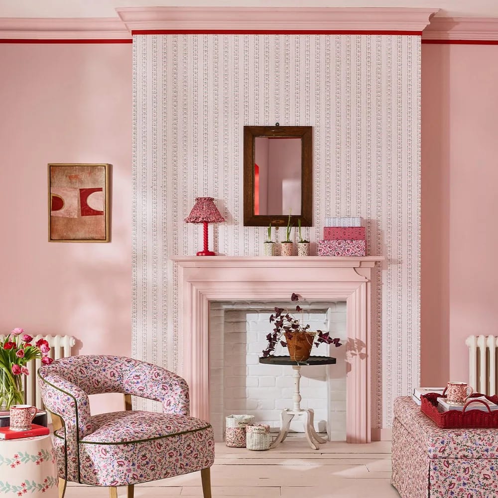 Rose Ticking Stripe Pink Wallpaper roomset