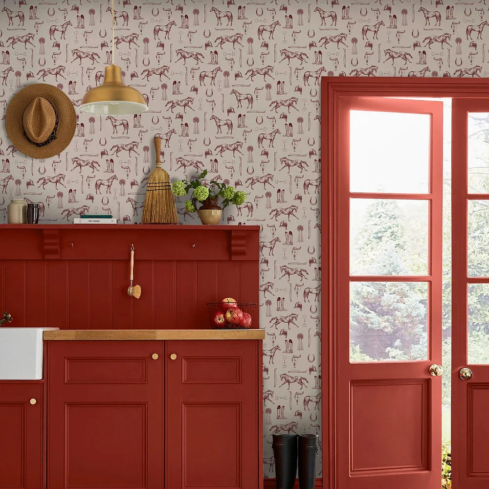Sketched Equestrian Cream & Burgundy Wallpaper roomset