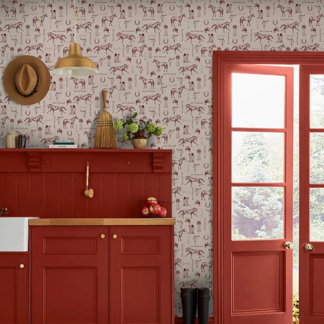 Sketched Equestrian Cream & Burgundy Wallpaper