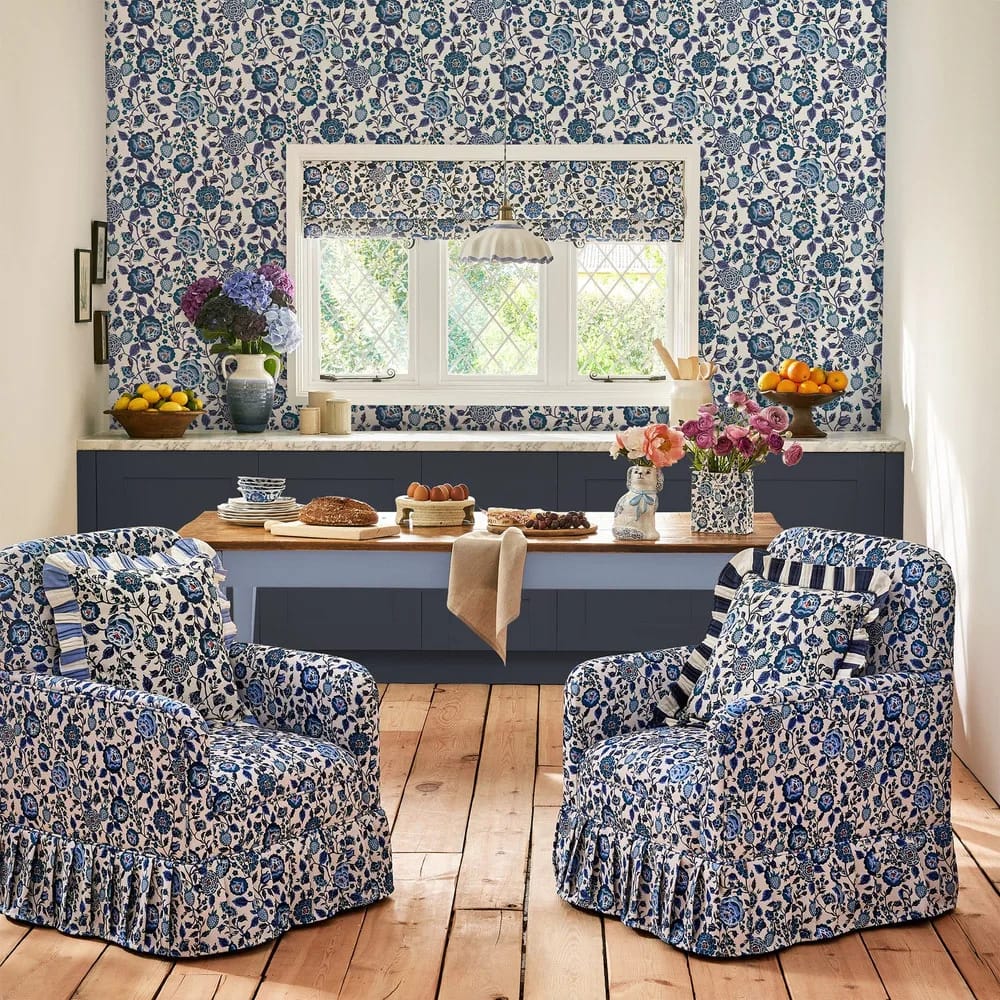 Strawberry Garden Blue Wallpaper roomset