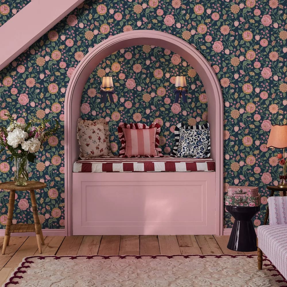Strawberry Garden Navy Wallpaper roomset
