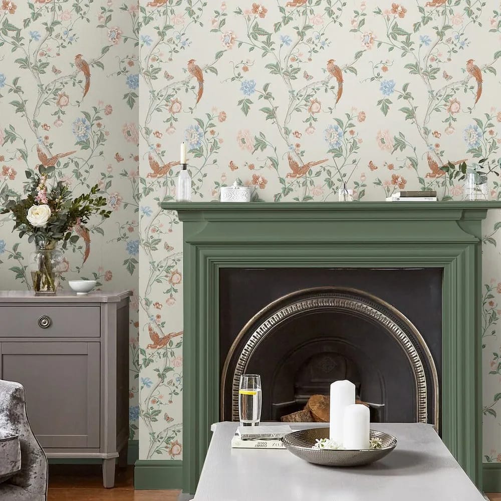 Summer Palace Sage and Apricot Wallpaper roomset