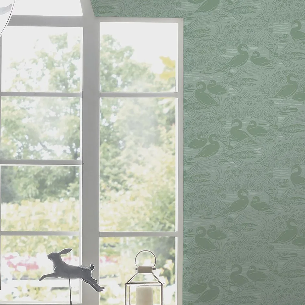 Swans Jade Green Wallpaper roomset