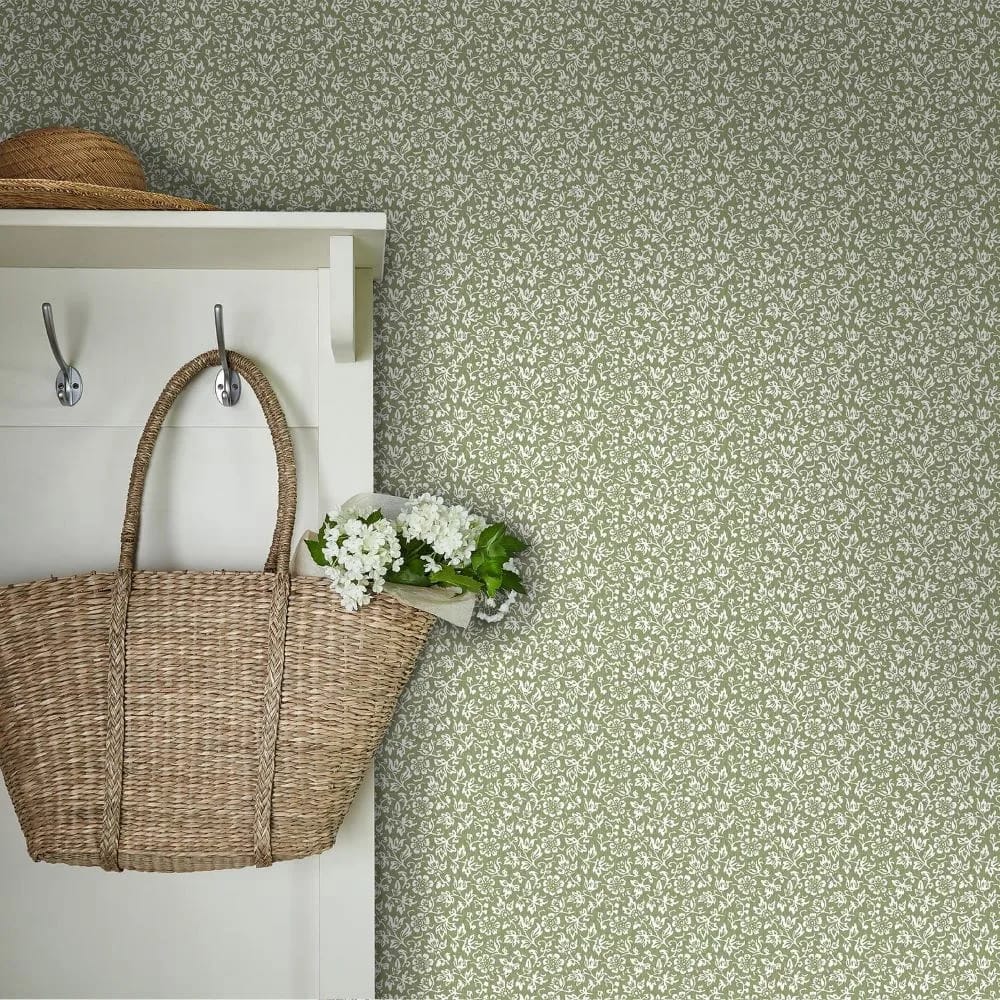 Sweet Alyssum Moss Green Wallpaper roomset
