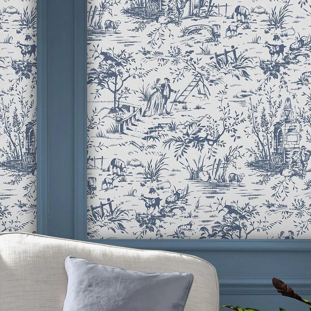 Toile de Jouy Dark Seaspray Blue Wallpaper roomset