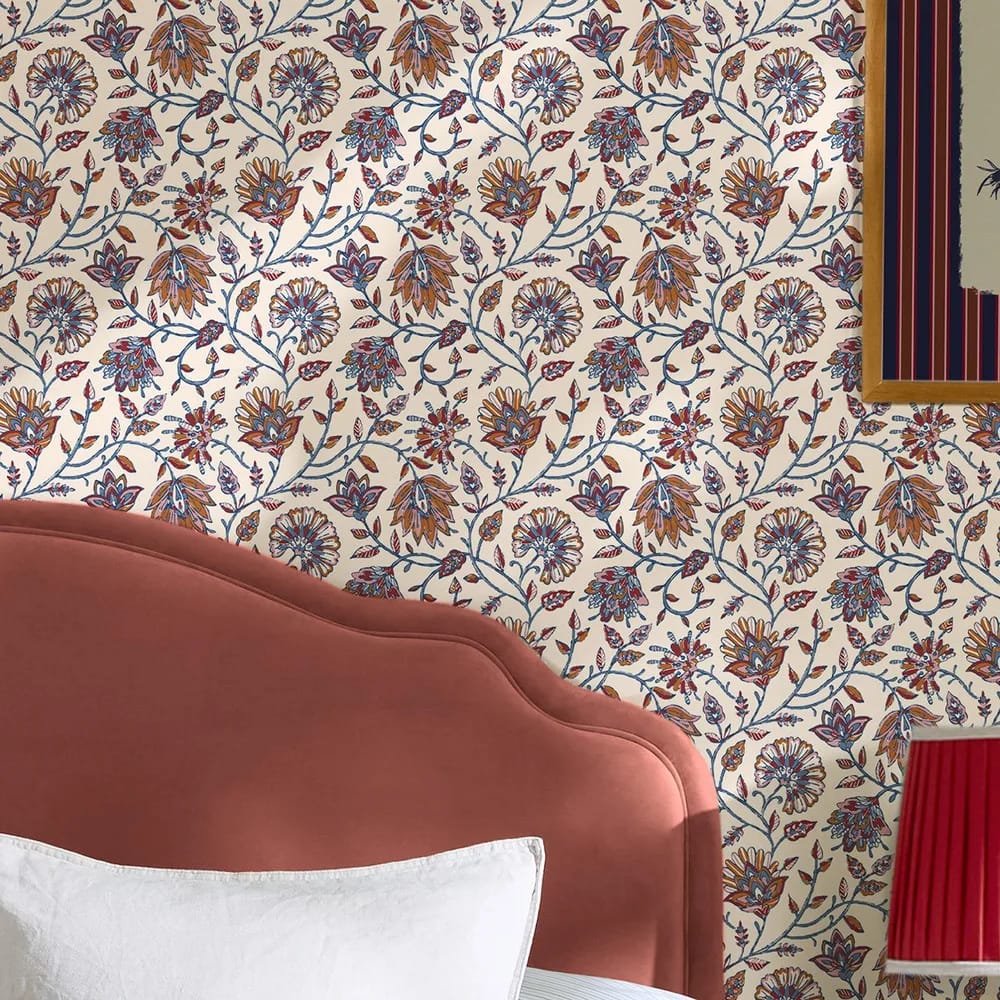 Trailing Indienne Floral Blue & Orange Wallpaper roomset