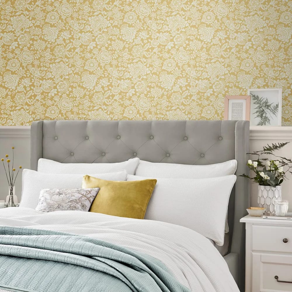 Trailing Laurissa Pale Ochre Yellow Wallpaper roomset