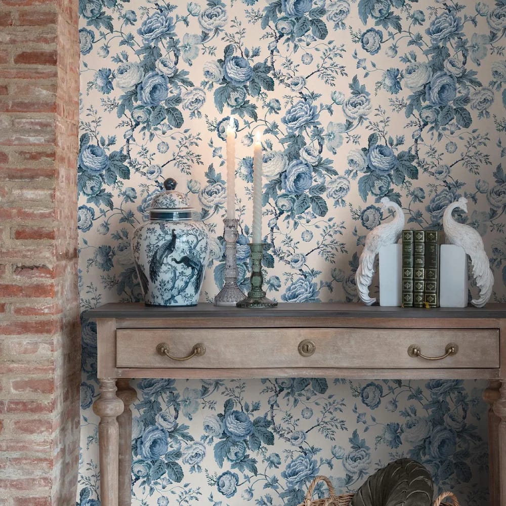 Uffington Roses Dark Seapsray Wallpaper roomset