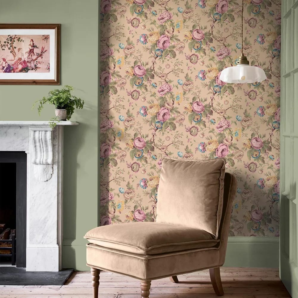 Uffington Roses Plaster Pink Wallpaper roomset