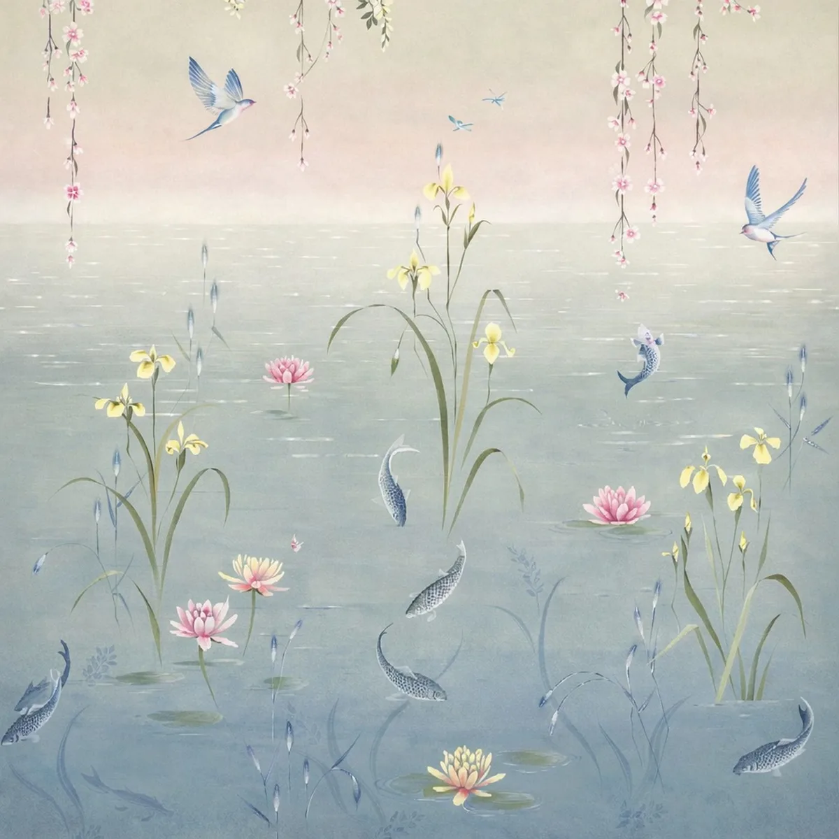 Water Garden Soft Jade/Pink Blossom Wallpaper roomset