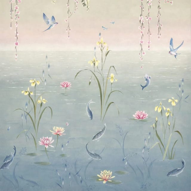 Water Garden Soft Jade/Pink Blossom Wallpaper