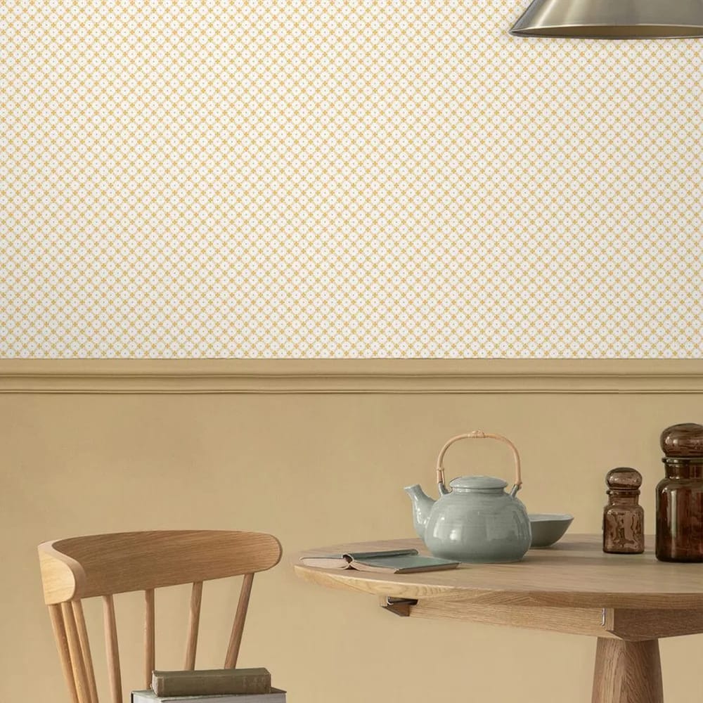 Wickerwork Pale Ochre Yellow Wallpaper roomset