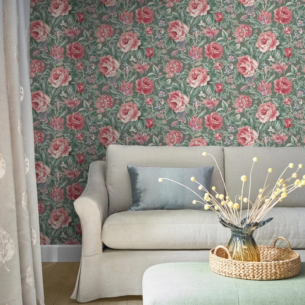 Wild Roses Fern Green Wallpaper roomset